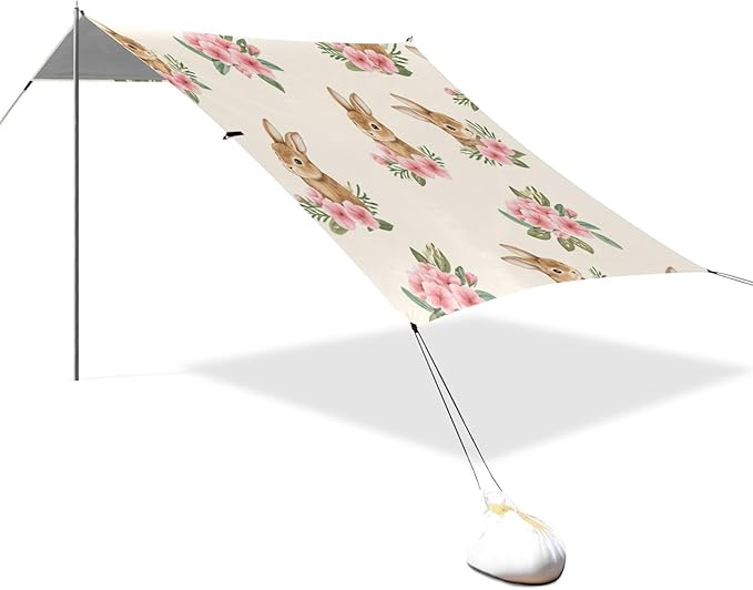 xigua Rabbit Beach Tent Sun Shelter with Carrying Bag - Silver Coated Oxford Fabric Beach Canopy for Beach Camping Fishing - Includes Windproof Ropes Sandbags &amp Stakes