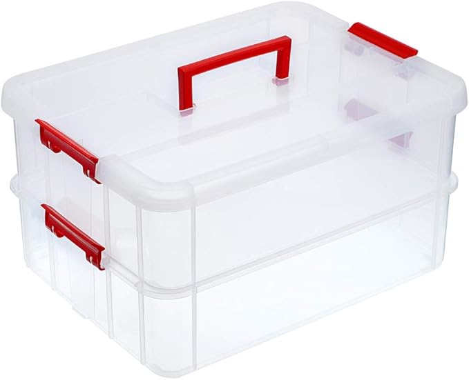 JUXYES 2-Tiers Stack Carry Storage Box With Handle Transparent Stackable Storage Bin With Handle Lid Latching Storage Container for School &amp Office Supplies (Red)