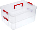 JUXYES 2-Tiers Stack Carry Storage Box With Handle Transparent Stackable Storage Bin With Handle Lid Latching Storage Container for School &amp Office Supplies (Red)