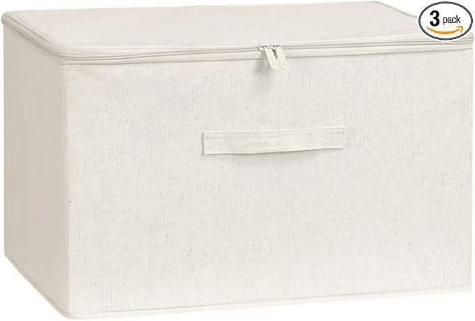 [3 Pack] Beige Cotton Linen Collapsible Storage Bins for Home Organization Waterproof Fabric Foldable Organizer Boxes 19.29 x 14.57 x 12.2 Inches Zippered Flap &amp Handle (Extra Large)
