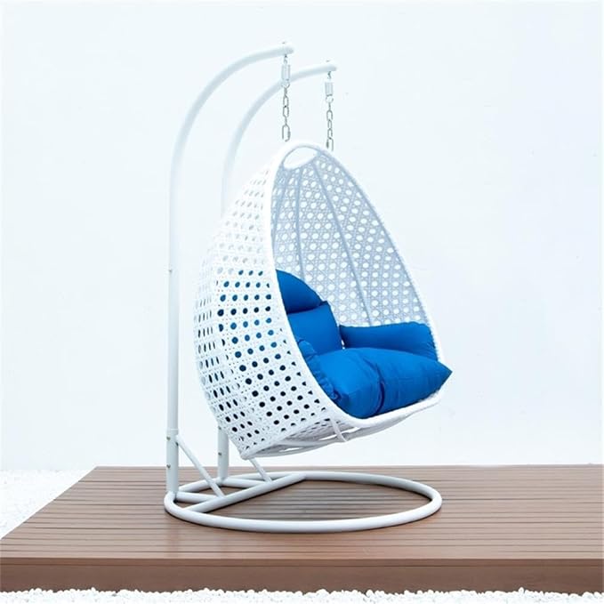 LeisureMod 2 Person Hanging Egg Chair Indoor Outdoor Patio Lounge Swing with White Stand &amp UV-Resistant Cushions Hammock Chair for Bedroom &amp Garden Blue