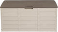 Outdoor Storage Box with Wheels 75 Gallon Capacity Brown and Beige 44W x 21.3D x 19.3H inches
