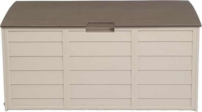 Outdoor Storage Box with Wheels 75 Gallon Capacity Brown and Beige 44W x 21.3D x 19.3H inches