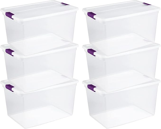 Sterilite Clear Plastic Storage Totes 6 Pack 64 Quart and 6 Pack 66 Quart Bins with Lids