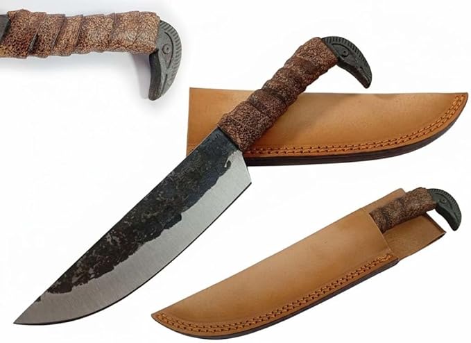 Hand Forged 6.5 Odin's Raven Norse Viking Knife Carbon Steel Blade Raven's Head Hilt Leather Sheath Medieval Seax Style for Hunting and Camping (Brown)