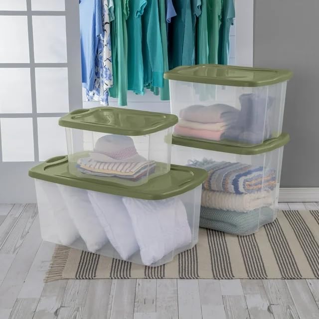 Extra Large 120 Quart Storage Bin - Green Clear Plastic Container with Snap-On Lid - Carry Handles - Heavy Duty Stackable Design for Garage Holiday Decor &amp Sports Equipment
