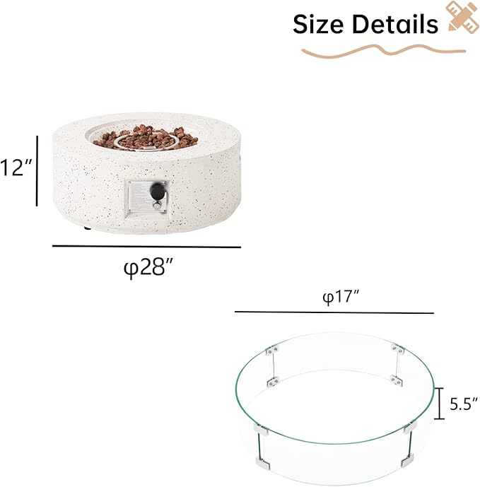 HOMPUS Outdoor Propane Fire Pit 40000 BTU 28-inch Round White Terrazzo Concrete Fire Table Gas Fire Pit with Wind Guard Lava Rocks and Rain Cover for Outdoor Pool Deck or Backyard