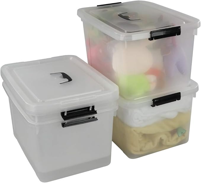 Begale 17.5 Quart Plastic Large Storage Container Clear Latch Bin with Handle and Lid 4-Pack