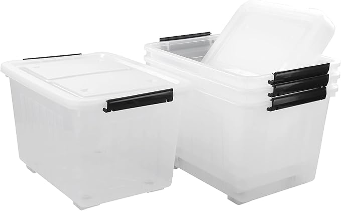 Xyskin Large Storage Bin with Buckle Down Lid Clear Plastic Storage Organizer Container with Wheels 70 L 4 Pack