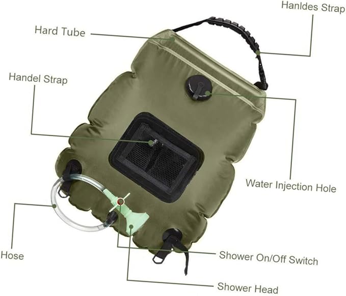 Mikinona Solar Camping Shower Bag Portable Outdoor Shower with Nozzle for Hiking Beach Travel and Outdoor Activities Olive Green Water Storage