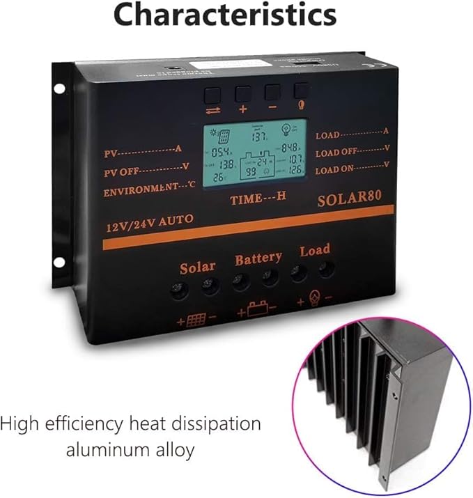 Solar Controller 80A 12V / 24V Battery Charge Regulator Auto 960W / 1920W with LCD Display Mobile Power Supply Charger 5V USB Enhanced Heat Sink (80A)