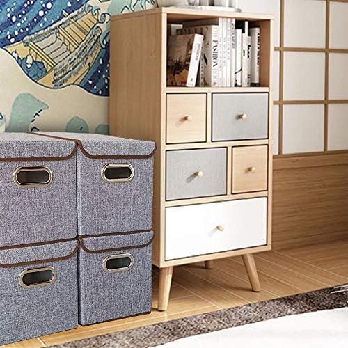 Storage Bin [Set of 4] Linen Fabric Foldable Container with Lid Collapsible Organizer Boxes Cubes - 10 x 10 x 10 Inches (Gray)