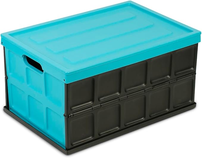 Glad Collapsible Storage Bin with Lid - 48L Foldable Plastic Box for Garage Car Trunk and Organization - Stackable Lidded Container with Handles Turquoise