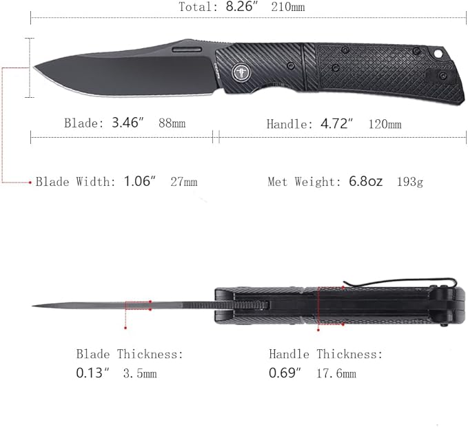 EDC Folding Knife - 3.46 14C28N Pocket Knife with G10 Handle with Pocket Clip &amp Steel Bolster for Man Outdoor Camping Knife for Hiking Fishing Survival- XUN123-BGB(PVD Blade)