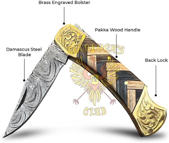 Handmade Damascus Pocket Knife with Sheath 7 Folding Hunting Knife with Wood Handle Small Camping Knife for Outdoor