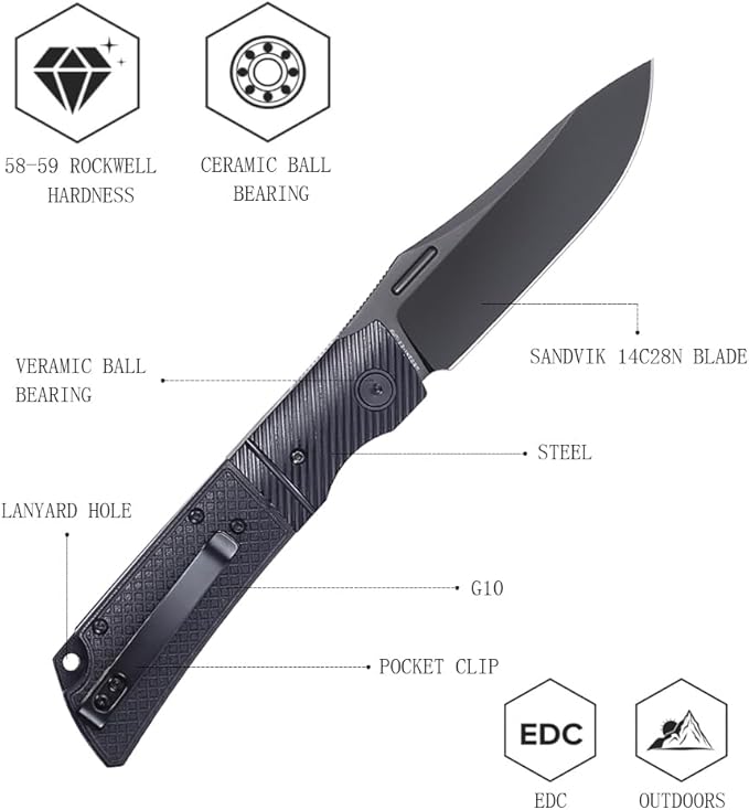 EDC Folding Knife - 3.46 14C28N Pocket Knife with G10 Handle with Pocket Clip &amp Steel Bolster for Man Outdoor Camping Knife for Hiking Fishing Survival- XUN123-BGB(PVD Blade)