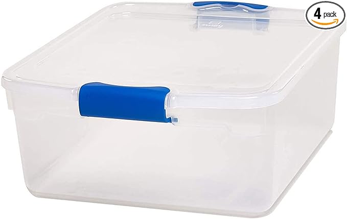 HOMZ 8-Pack Secure Latch Clear Plastic Storage Organizer Bins 15.5 Quart Blue Latches - Stackable Organizing Containers for Home Garage and Office