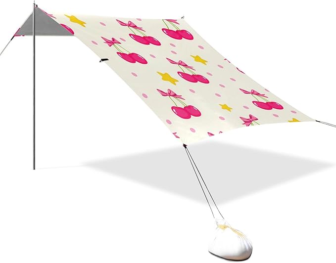 Beach Canopy with Windproof Ropes &amp Sandbags Beach Tent Sun Shade Sun Shelter for Camping Trips Fishing Backyard Fun or Picnics Cherry