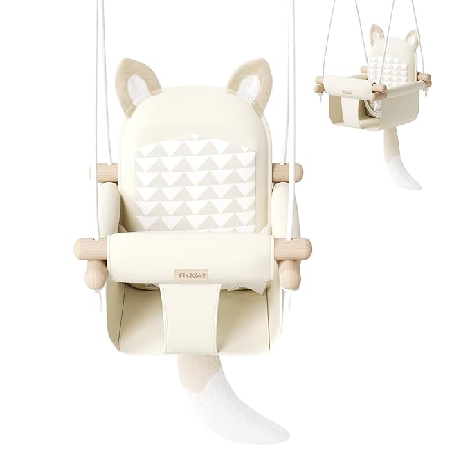 Wooden Hanging Baby Swing with Soft Safety Belt Cozy Infant Swing Seat for Indoor &amp Outdoor Use Adjustable Height Includes Mounting Hardware – Suitable for Babies &amp Toddlers(Fox-Themed in B
