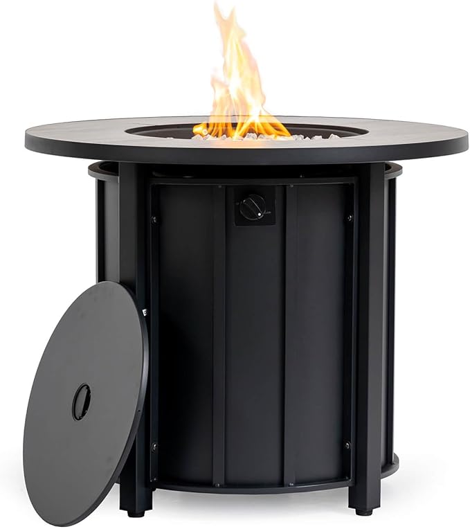 30'' Marble Ceramic Round Gas Fire Pit 50000 BTU Outdoor Fire Tables Fire Table with Lid Add Warmth &amp Ambience to Gatherings and Parties On Patio Deck Garden Backyard White Glass Stone.