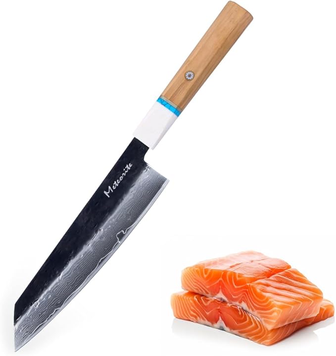 Meteorite Kiritsuke Japanese Multi-Task Knife For Slicing &amp Dicing Prep Hand-Hammered Midnight Damascus Convex Grind Edge Olive Wood Handle – Pro Gift IceRaven 8 Inch