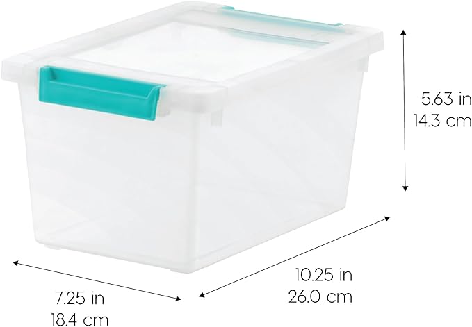 IRIS USA 4 Qt. Craft Storage Bins with Lids 6-Pack |Made in USA| Clip Box Small Plastic Sensory Bin Tote Organizer Containers for Art Supplies Paper &amp Office Stackable - Clear/Seafoam Blue