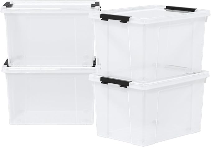 23 L Clear Plastic Storage Box with Lid Stackable Lidded Storage Bin Container with Wheels and Secure Latching Buckles 4 Packs