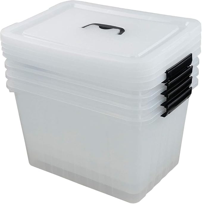 25 Quart Clear Latching Tote Plastic Storage Bin with Black Handle Pack of 4