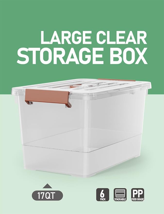 WYT 6 Pack 17qt Clear Plastic Storage Bin with Lid and Latching Buckles Stackable Tote Organizing Box with Handle