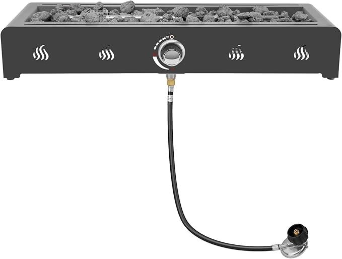 Onlyfire 28'' Tabletop Fire Pit Table Propane Gas Firepit Bottom Mounted for Table with Umbrella Hole Glass Wind Guard and Lava Rock Outdoor Rectangular Smokeless Fireplace
