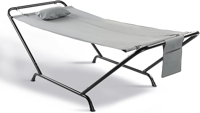 ONCLOUD Freestanding Hammock with Stand 600LBS Heavy Duty Outdoor Hammock Cofy Outdoor Hammock with Stand Hammock Bed for Yard Deck Patio Hammock with Soft Pillow &amp Storage Bag (Grey)