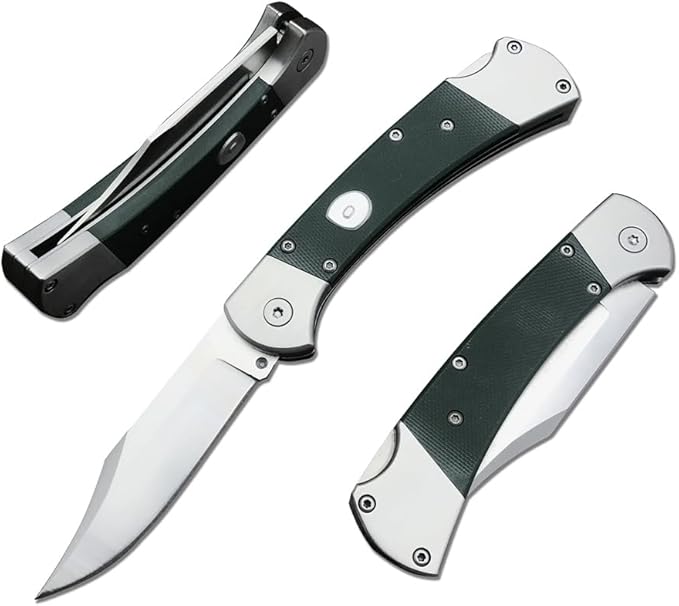 push button assisted opening Folding Knife440C Stainless Steel Blade Backlock G10 Handle with Leather Sheath EDC Pocket Knives for Men (Green)