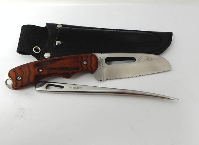 Myerchin Knives Tested at Sea Pro Wood Offshore System Knife Marlinspike Leather Sheath Rigging Tool System W100P