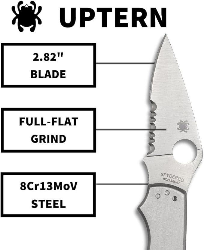 Spyderco UpTern Folding Pocket Knife with 2 8Cr13MoV Steel Blade and Stainless Steel Handle - EDC Knife for Men and Women Perfect for Hunting Tactical Camping Survival - CombinationEdge - C261PS