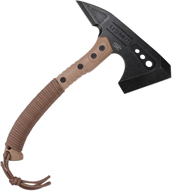 MTECH USA Tactical Tomahawk Licensed by USMC 11 Inch Total Length Black Oxidized Stainless Steel Blade Cord Wrapped Nylon Handle Hunting Camping Tan