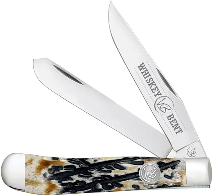WHISKEY BENT HAT CO. Traditional Trapper Folding Pocket Knife 4.125 Closed Length 440C Stainless Steel Blades (Carved Burnt Bone)