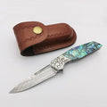 Pocket Knife Damascus Steel Blade Abalone Shell Handle Ball Bearing Pivot Sheath &amp Pocket Clip for Everyday and Outdoor Camping EDC tool Excellent Gift
