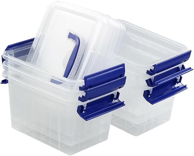 3L Plastic Storage Containers Set of 6 Latching Storage Bin with Handle (Blue handle)