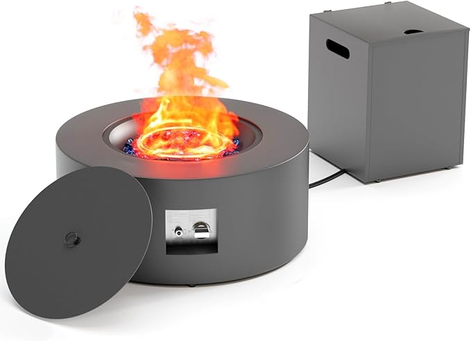 2-Piece 30 Round Propane Fire Pit for Outside Patio with Hidden Tank Table 50000 BTU Fireplaces with Lid Glass Rocks Cover(Dark Grey)
