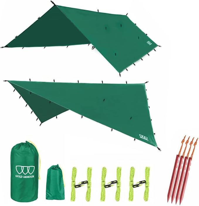 Gold Armour Rainfly Tarp Hammock Premium 14.7ft/12ft/10ft/8ft Rain Fly Cover Waterproof Ultralight Camping Shelter Canopy Survival Equipment Gear Camping Tent Accessories (Green 10ft x 10ft)
