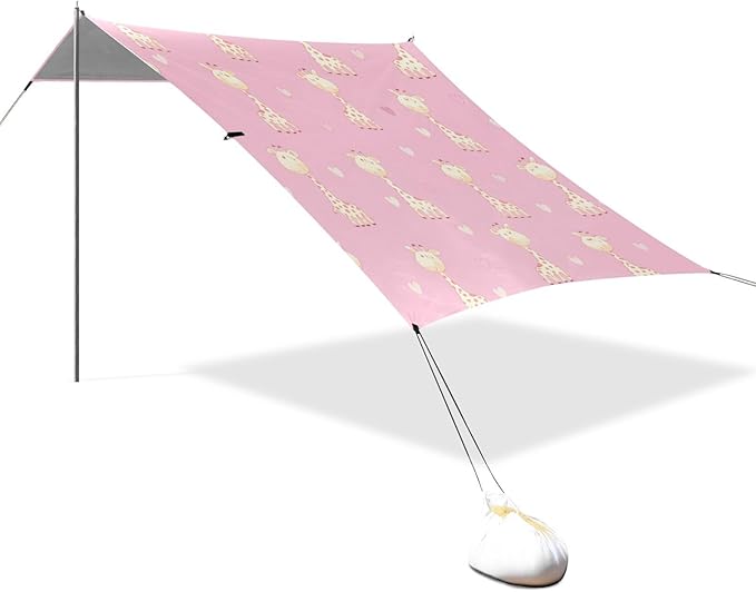 Beach Canopy with Windproof Ropes &amp Sandbags Beach Tent Sun Shade Sun Shelter for Camping Trips Fishing Backyard Fun or Picnics Giraffe