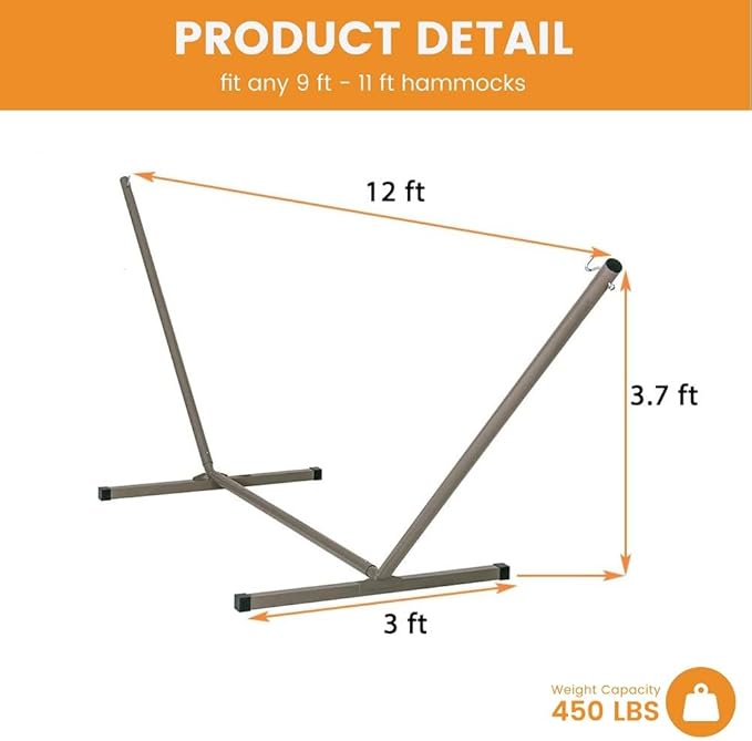 Lazy Daze Hammocks Portable 2 Person Heavy Duty Steel 12 FT Hammock Stand with Hooks and Chains for Outside Patio Backyard 450 Pounds Capacity Tan
