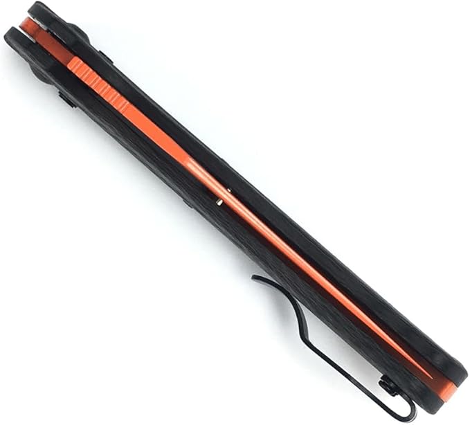 HUAAO Manual Open Folding Knife with 3.43’’ Orange D2 Blade Black Carbon Fiber Handle EDC Pocket Knife with Clip for Camping Hunting
