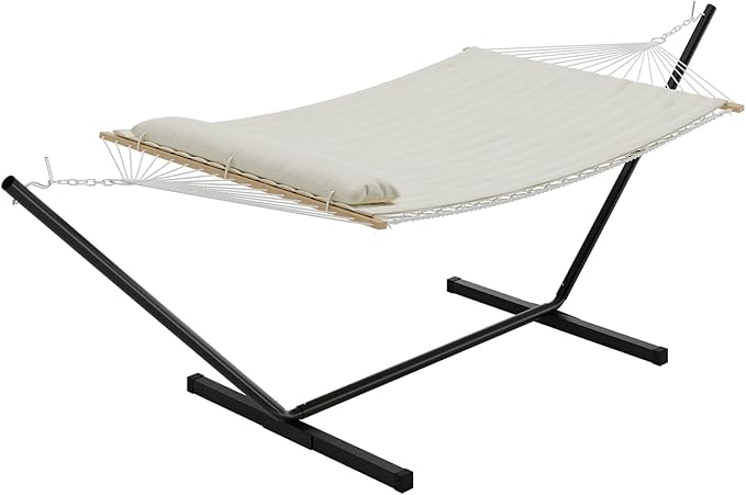 Double Hammock with Stand450lbs Capacity 2 Person Cotton Rope Portable Hammock with Polyester Quilted Pad and Pillowfor Garden YardCamping and Patio.Off White.