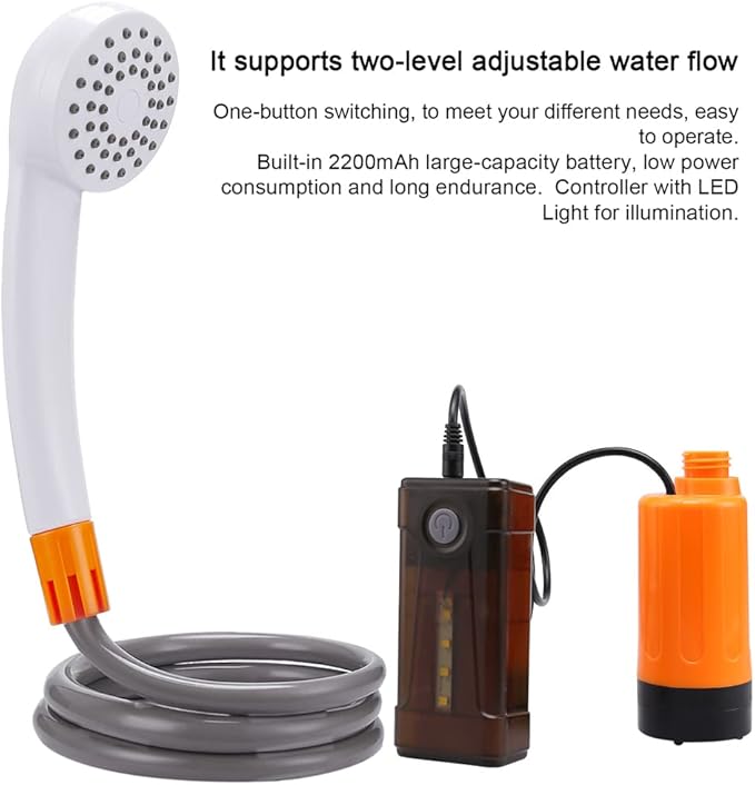 ACAGALA Outdoor Camping Shower Portable Electric Shower Pump IPX7 Waterproof with 2-Level Water Flow LED Light for Camping Hiking Backpacking Travel Beach Pet Watering