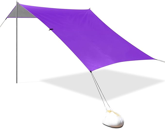 Blue Violet Purple Foldable Beach Tent UPF50 Water-Resistant Large Portable Sun Shelter with Sandbags and Shovel for Camping Picnics Backyard &amp Fishing