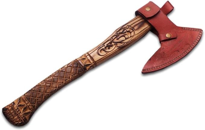 21 Inches Length || Viking Carbon Steel Axe || Outdoor Camping Axe || Viking Axe || Engraved Viking Hatchet || Historical Viking Axe Replica || Wood Handle || Leather Sheath.