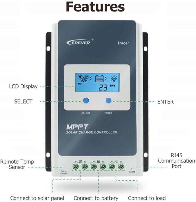 EPEVER 10A MPPT Solar Charge Controller 12/24V DC Tracer-an Series Charge Controller with MT52 Remote Meter &ampTemperature Sensor &ampRS485 fit for Lithium Sealed AGM Battery Charging Negative Gr