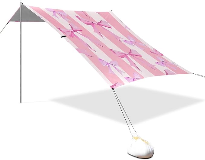 ALAZA Pink Bow Stripe Beach Tent Sun Shelter Portable Canopy Sunshade for Outdoor Camping Picnics Backyard Fun 10x9 ft