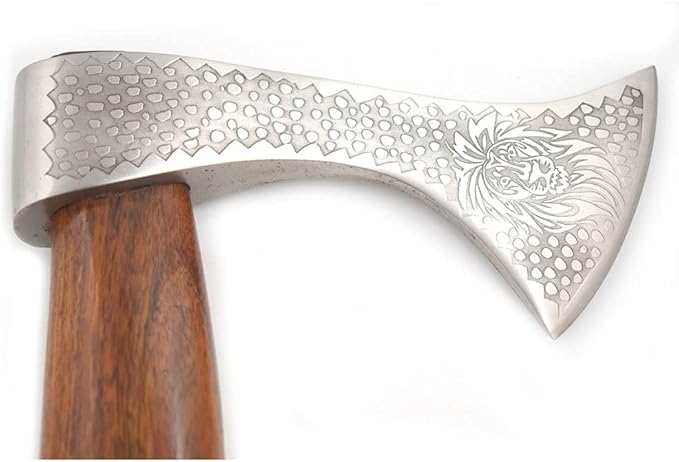Hand Forged Viking Bearded Axe – 1075 High Carbon Steel Handmade Medieval Style Camping &amp Hunting Axe with Ash Wood Handle and Leather Sheath (Lion 1)